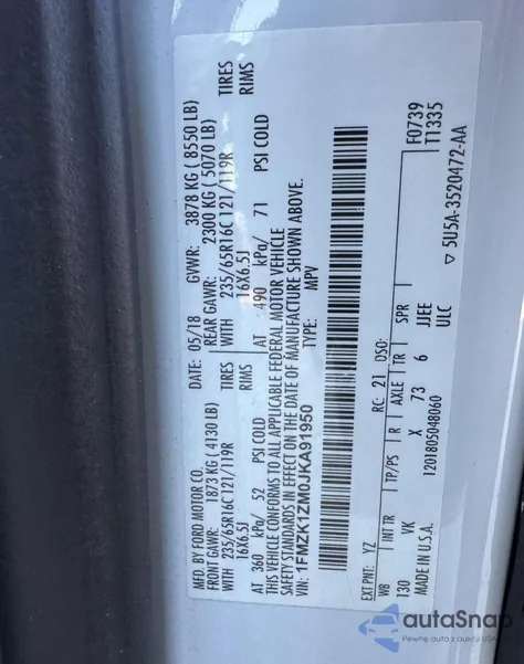 2018 Ford Transit T-150 из США, поврежденный, VIN 1FMZK1ZM0JKA91950